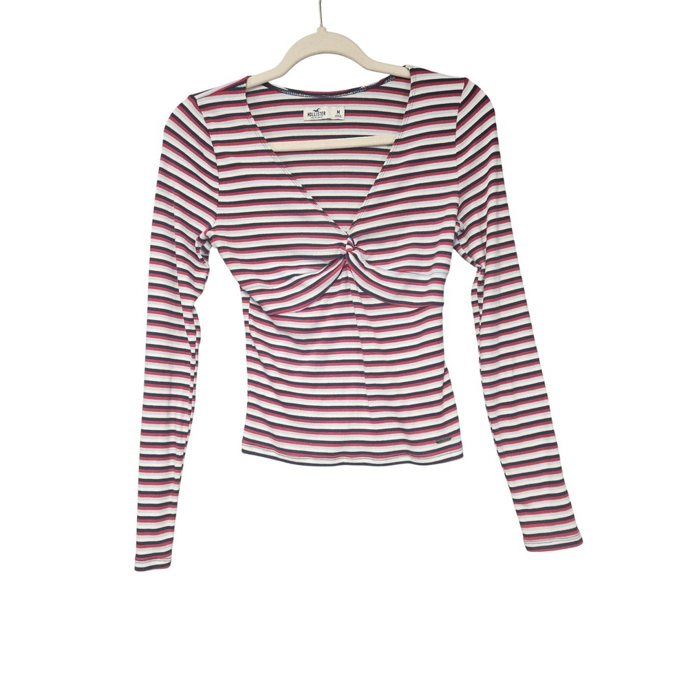 Hollister Womens Red White Blue Striped Twist Front Ribbed V-Neck Top Size M